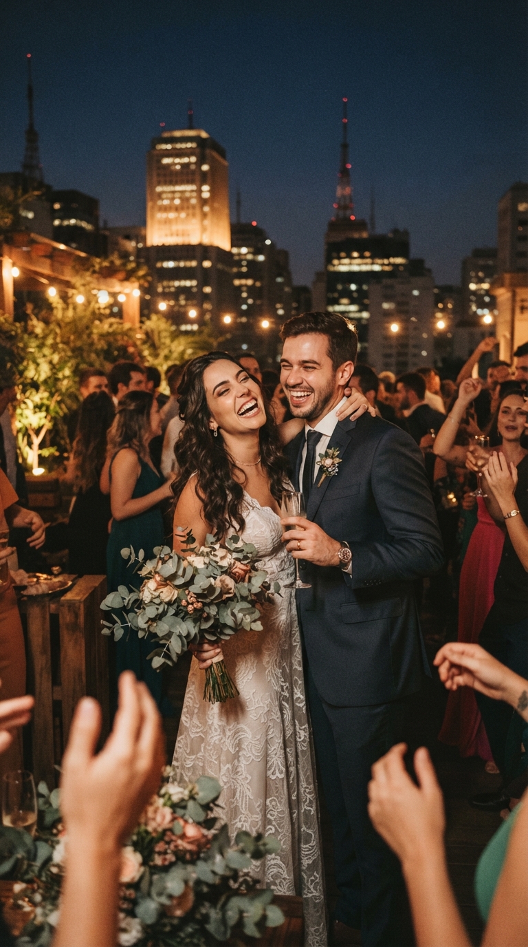 Celebração de casamento em rooftop com o horizonte de São Paulo ao fundo.