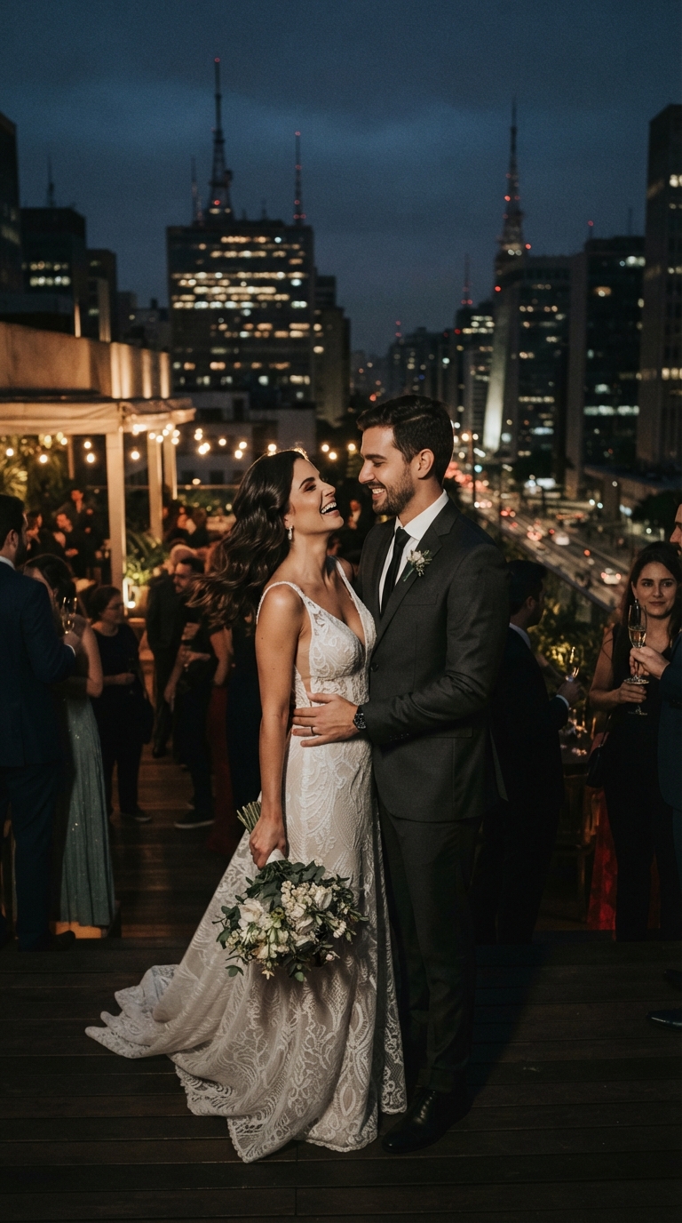 Casamento moderno à noite em São Paulo, iluminação cinematográfica.
